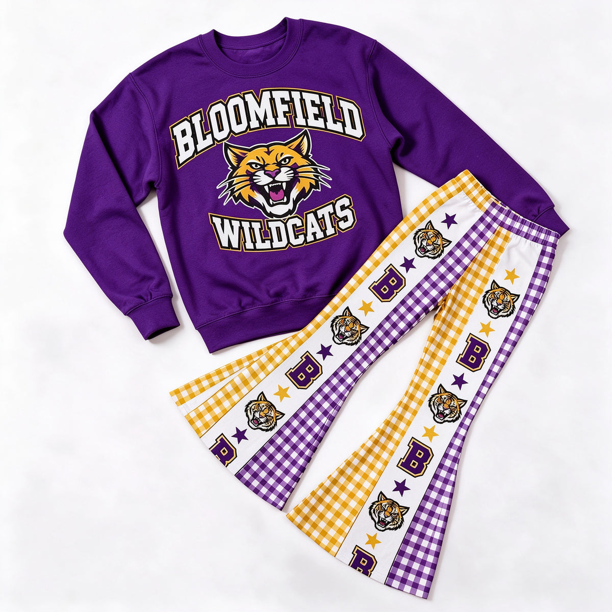 (Custom Design Preorder MOQ 5 Each) Baby Girls Sprot Team Bloomfield Bell Bottom Pants Outfit