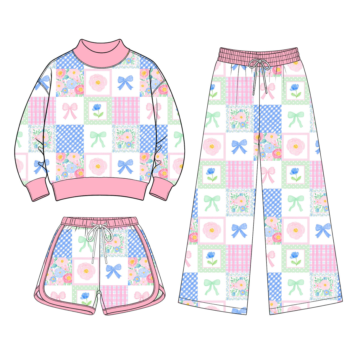 (Custom Design Preorder MOQ 5) Flowers Bows Checkered Print Mock Neck Top Shorts & Pants Girls 3pcs Clothes Set