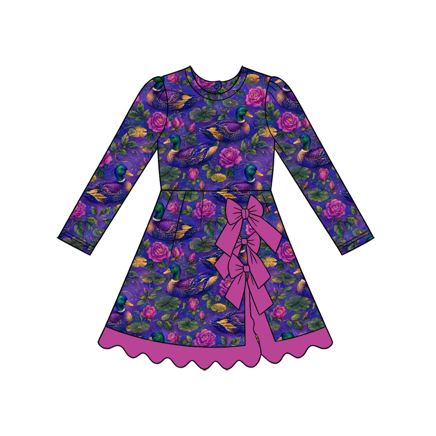 (Custom Design Preorder MOQ 5) Mallard Duck Flowers Print Girls Fall Bows Regular Ruffle Dress