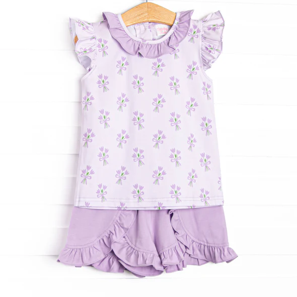 (Custom Design Preorder MOQ 5) Small Flowers Bows Tunic Top Purple Shorts Girls Summer Clothes Set