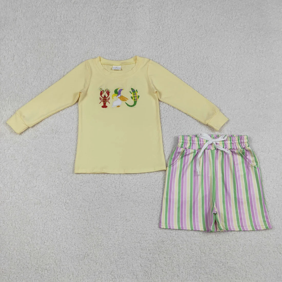 Embroidery Crayfishes Crocodile Baby Boys Mardigras Stripe Pockets Shorts Clothes Sets