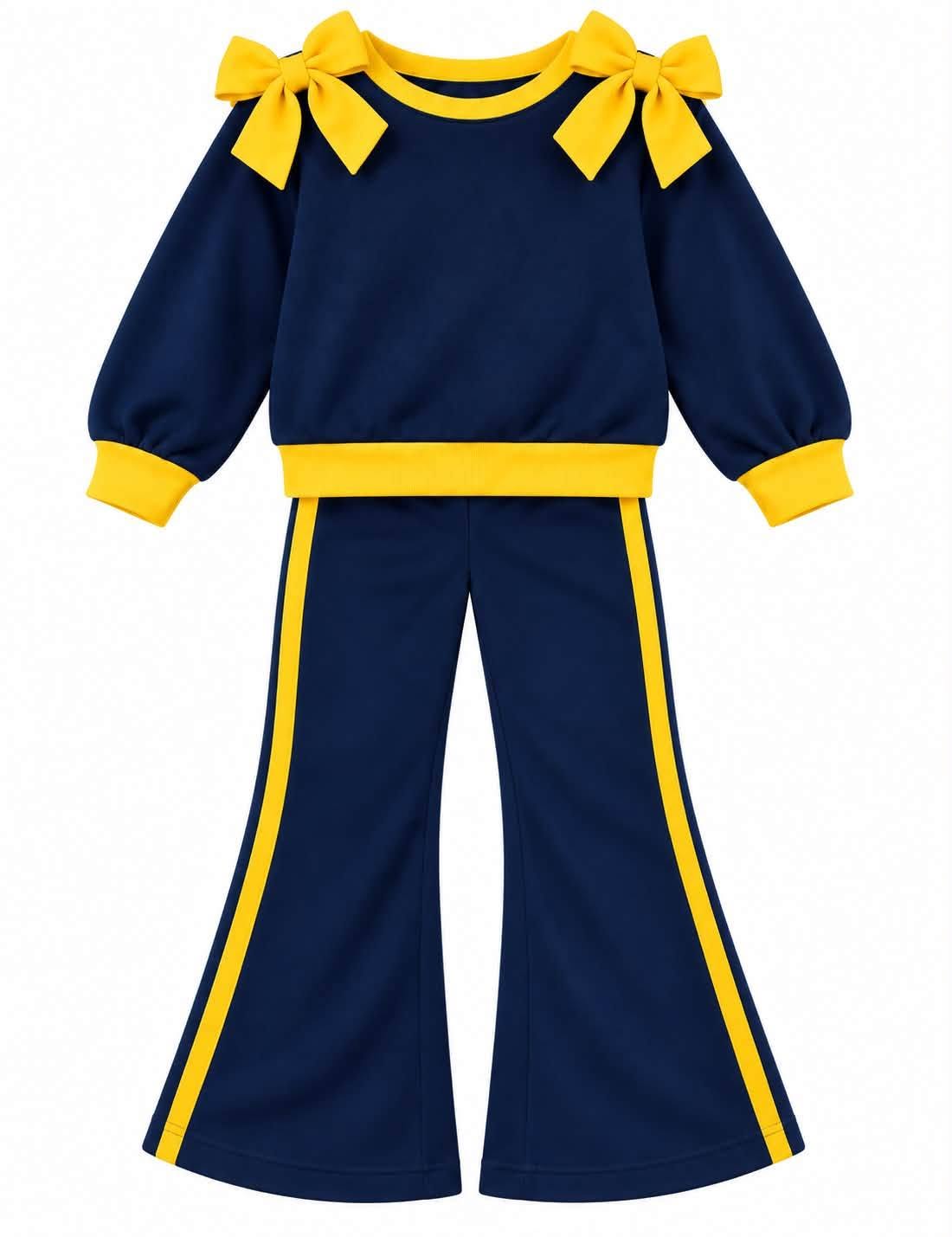 (Custom Design Preorder MOQ 5) Teams Navy Cotton Blank Yellow Bows Top Pockets Pants Girls Clothes Set