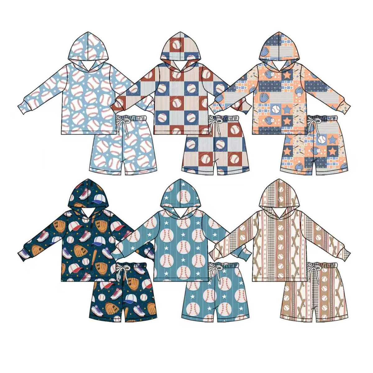 (Custom Design Preorder MOQ 5 Each)Baseball Print Hoodie Top Pockets Shorts Boys Clothes Set Brothers Wear
