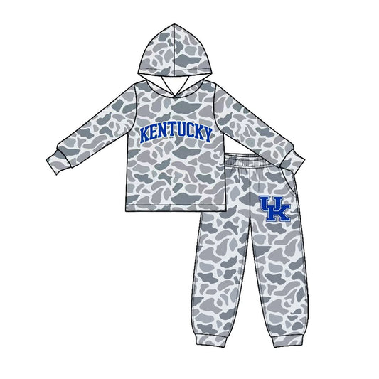 (Custom Design Preorder MOQ 5 Each) Grey Camo Teams Logo Print Hoodie Top Joggers Pants Boys Clothes Set Brothers Wear