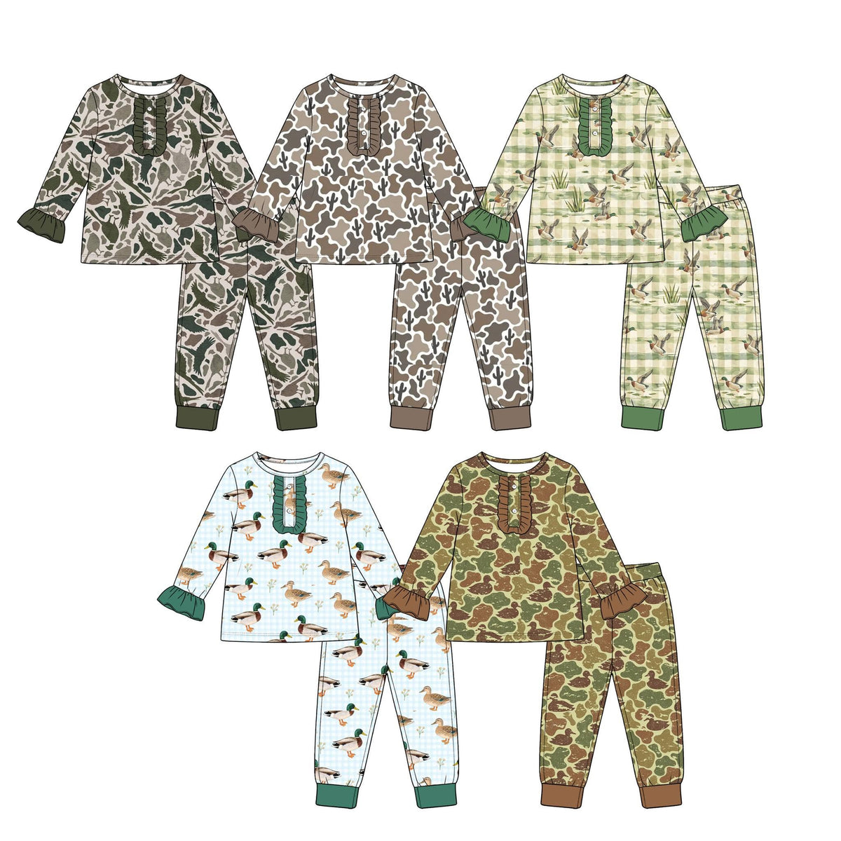 (Custom Design Preorder MOQ 5 Each) Checkered Camo Duck Print Girls Southern Pajamas Clothes Set Sisters Wear