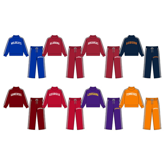 (Custom Design Preorder MOQ 5 Each)Teams Print Long Sleeve Mock Neck Top Pockets Pants Girls Clothes Set Sisters Wear
