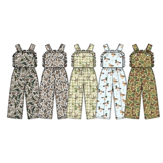 (Custom Design Preorder MOQ 5) Duck Camo Checkered Print Baby Girls Strap Jumpsuits Sisters Overall Styles Southern Sisters Wear