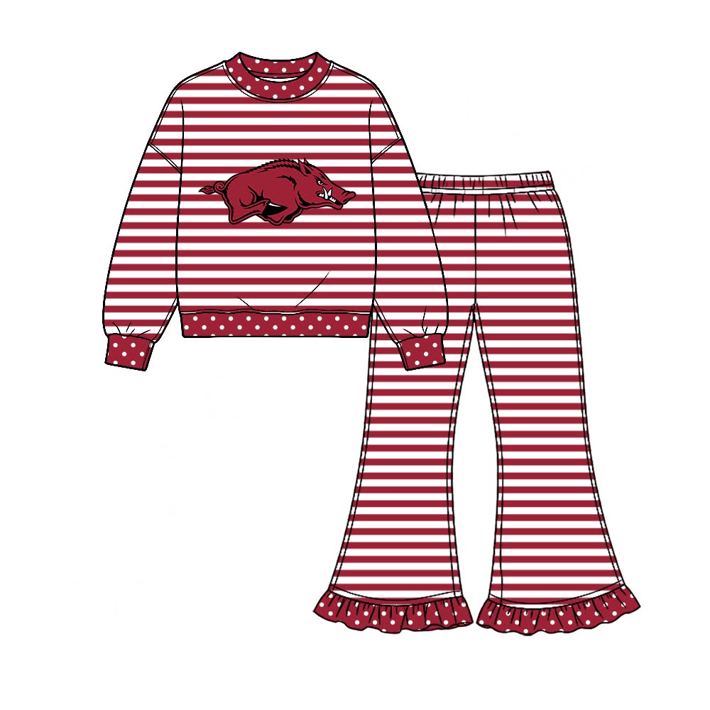 Preorder( 5 MOQ) BabyBoys Sport Team Arkansas Striped Long Sleeve Top Bell Bottom Pants Outfit