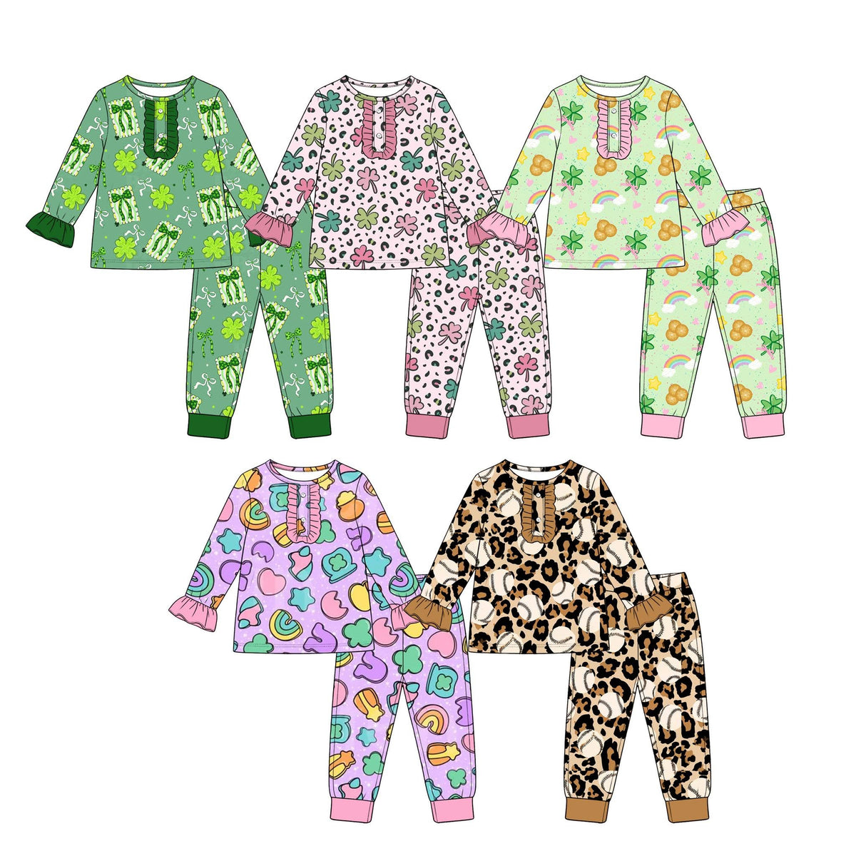 (Custom Design Preorder MOQ 5 Each) Shamrock Bows Rainbow Print Girls St. Patrick's Day Pajamas Clothes Set Sisters Wear