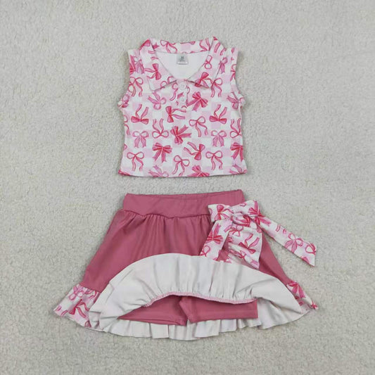 Sibling Baby Girls Bow Print Sleeveless Polo Top with Skort Active Outfit