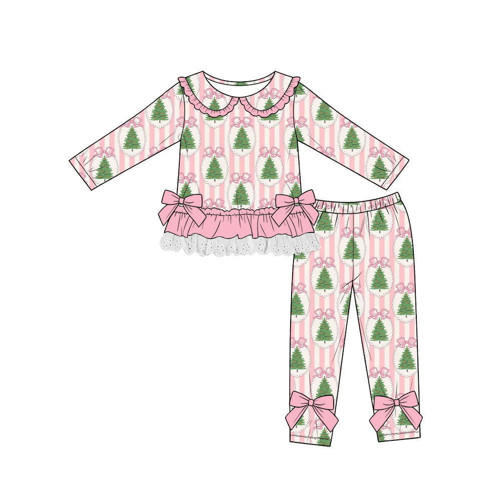(Custom Design Preorder MOQ 5) Tree Bows Stripes Ruffle Top Legging Pants Girls Christmas Clothes Set