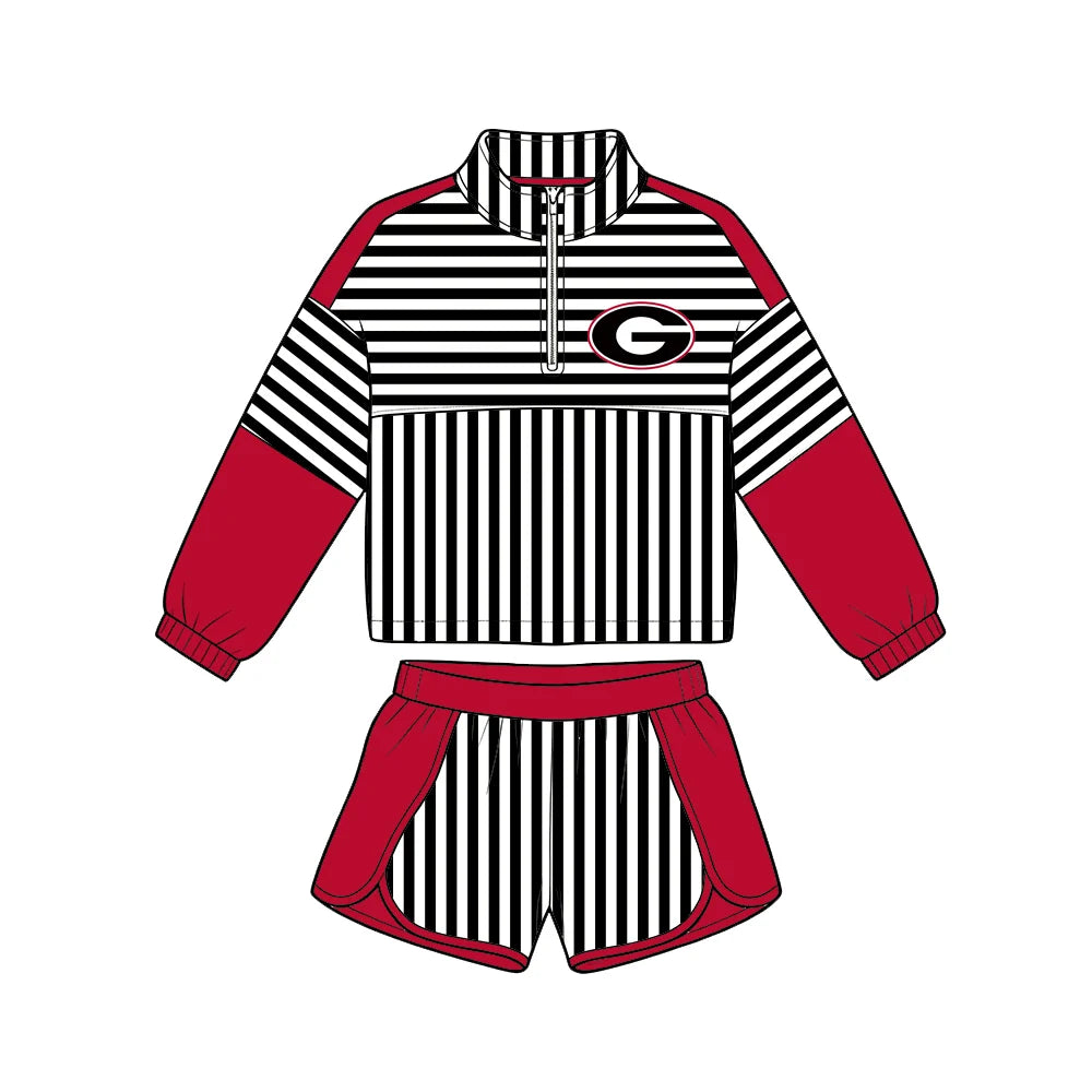 (Custom Design Preorder MOQ 5) Baby Girls Black Stripe Georgia Zip Pullovers Short Team Clothes Set