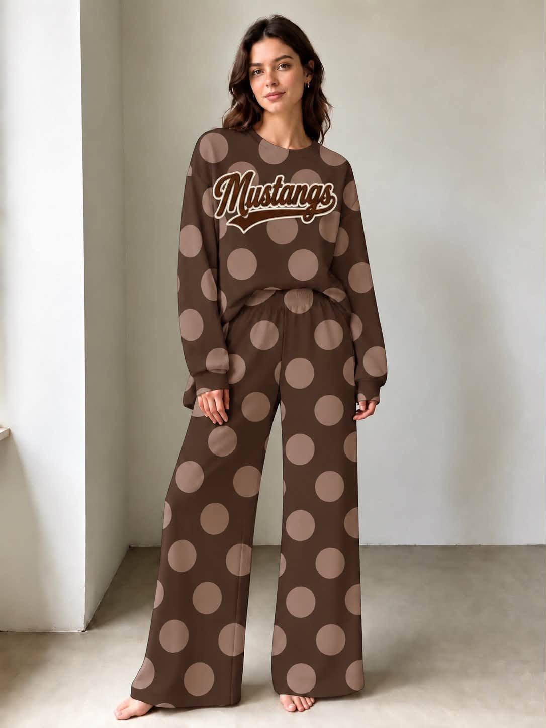 Preorder (5 MOQ) Mustang Polka Dot Long Sleeve Top Logo Pockets Pants Girls & Woman Clothes Set