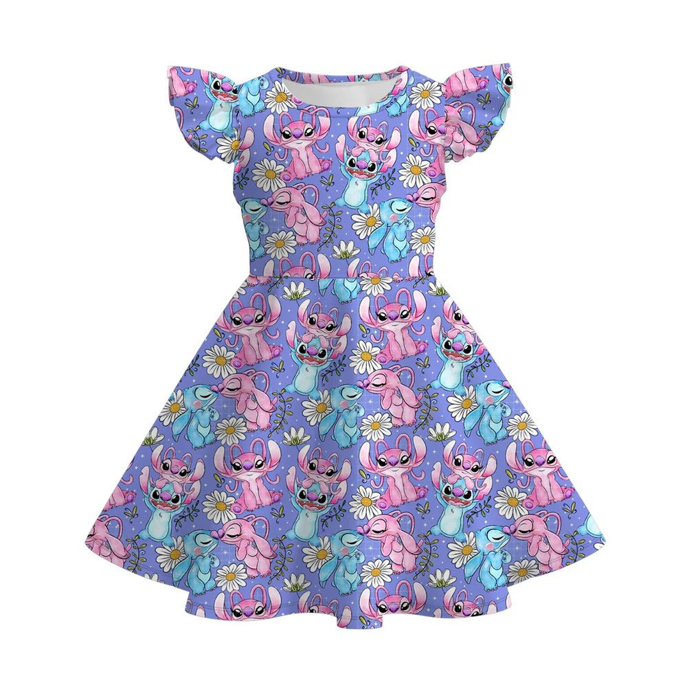 (Custom Design Preorder MOQ 5) Cartoon Flowers Girls Flutter Sleeve Dress