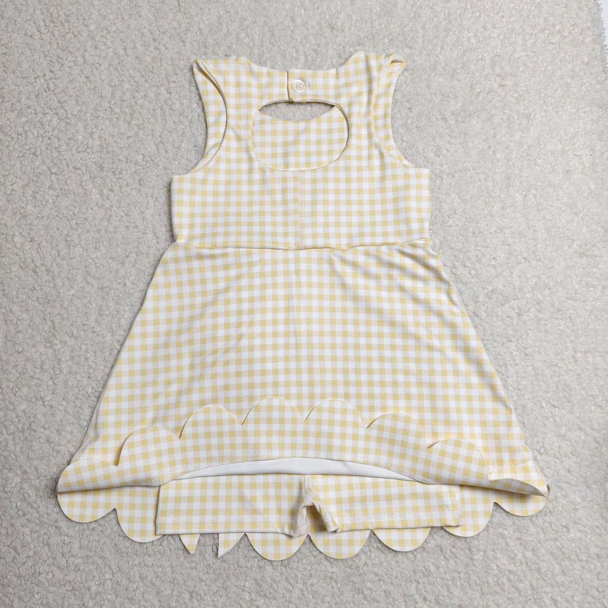 GSD3027 Yellow Gingham Girls Summer Bows Scallop Knee Length Yoga Dress