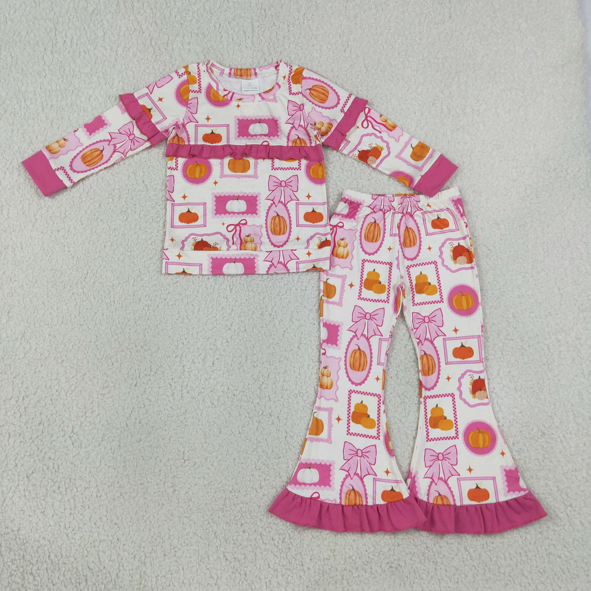 GLP3504 Pumpkin Bows Pink Ruffle Top Bell Pants Girls Fall Clothes Set