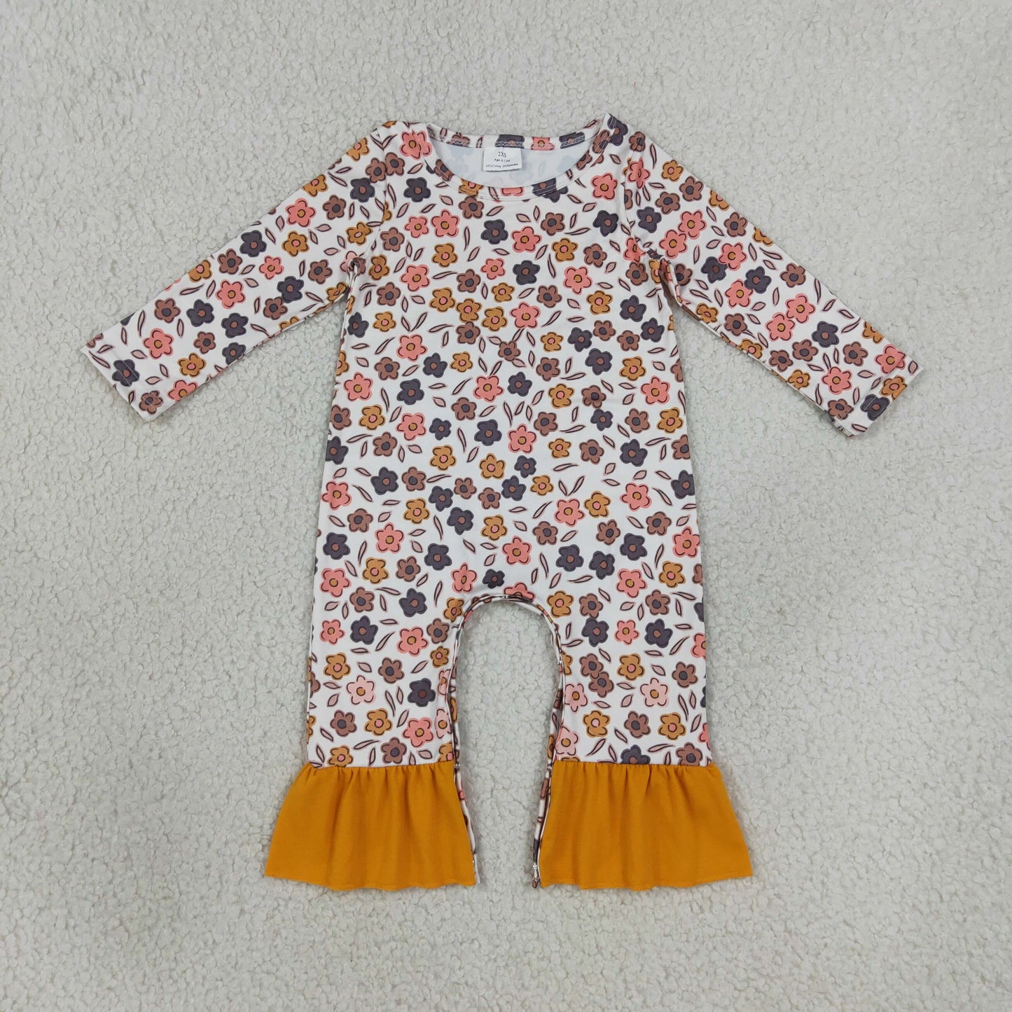 LR3024 Small Flowers Baby Girls Fall Long Sleeve Romper With Ruffle