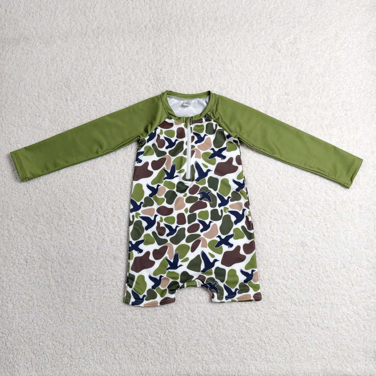 S0748 Duck Green Camo Print Boys Long Sleeve 1 Piece Zipper Swimsuits