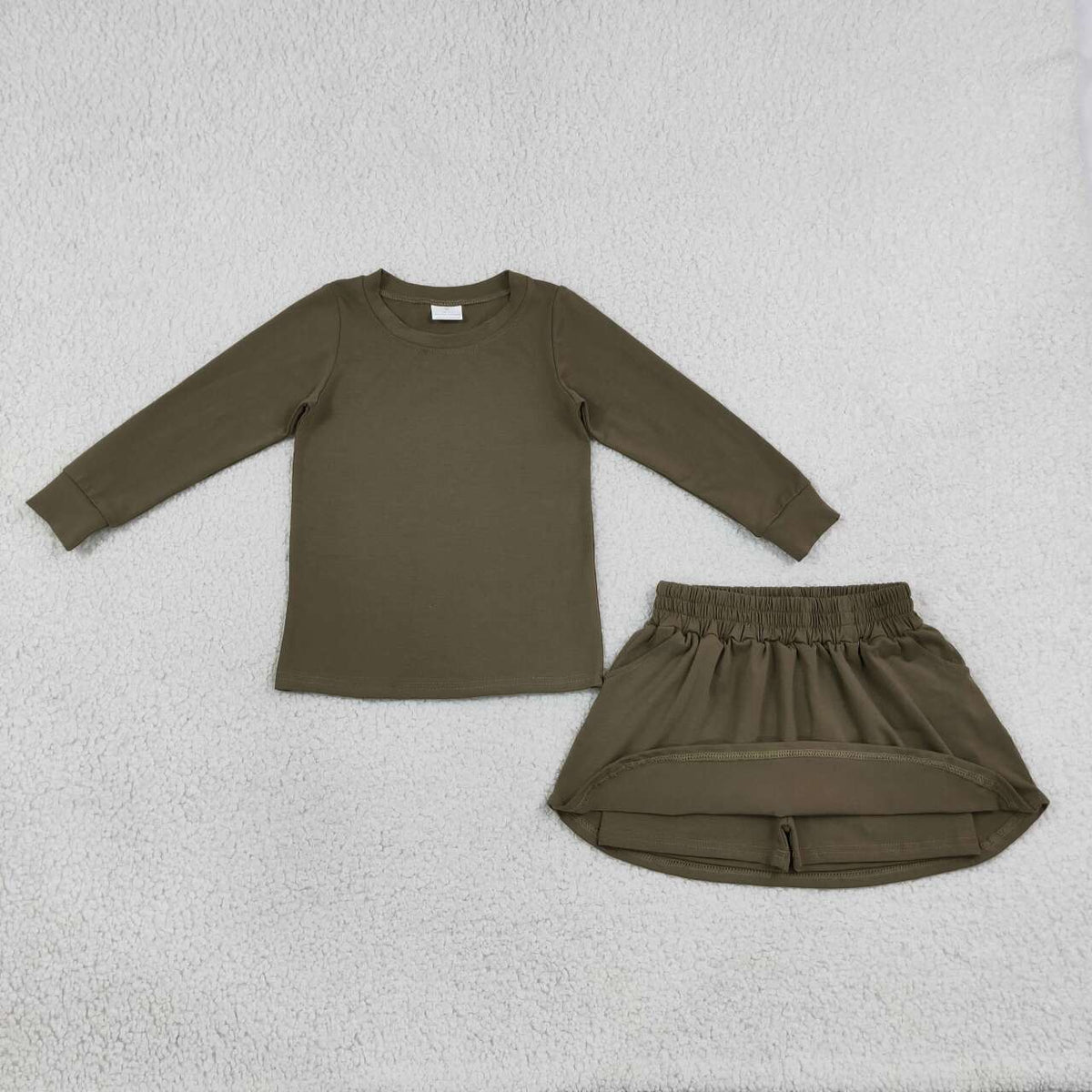 Green Cotton Long Sleeve Top Skort Girls Fall Clothes Set