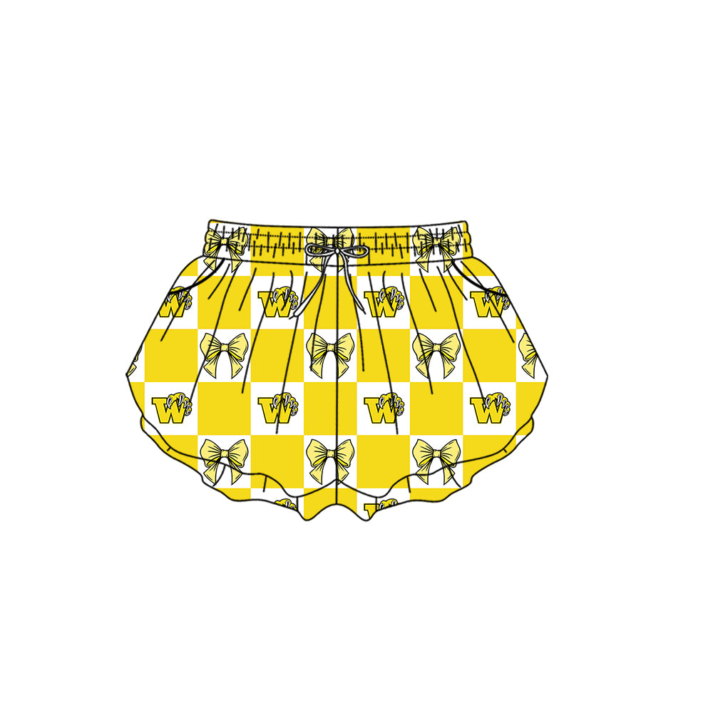 (Custom Design Preorder MOQ 5 Each Item) Teams Winona Wildcats Bows Yellow Plaid Print Kids Clothes Sibling & Family Matching Styles