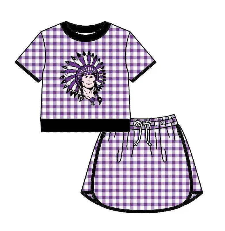 (Custom Preorder MOQ 5) Baby Girls Purple Checked Vikings Shirt Top Skirt Short Team Clothes Sets