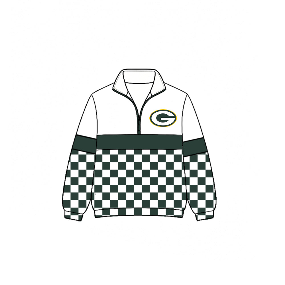 (Custom Design Preorder MOQ 5) Teams Packers Plaid Print Kids & Adult Long Sleeve Zipper Pullover Jacket