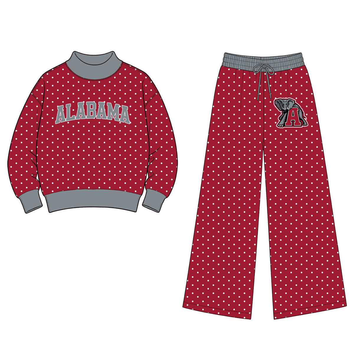 (Custom Design Preorder MOQ 5 Each) Teams ALABAMA Polka Dots Mock Necks Top Logo Pockets Pants Girls & Woman Clothes Set