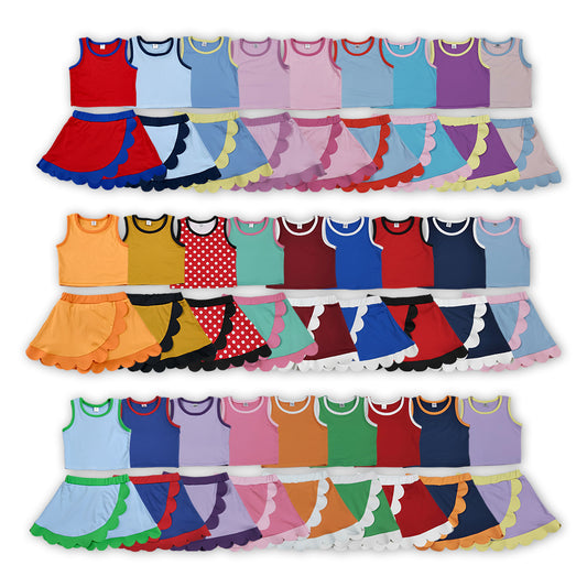 27 Solid Colors Tank Top Scallop Edge Skort Baby Girls Active Clothes Set Sisters Yoga Outfits