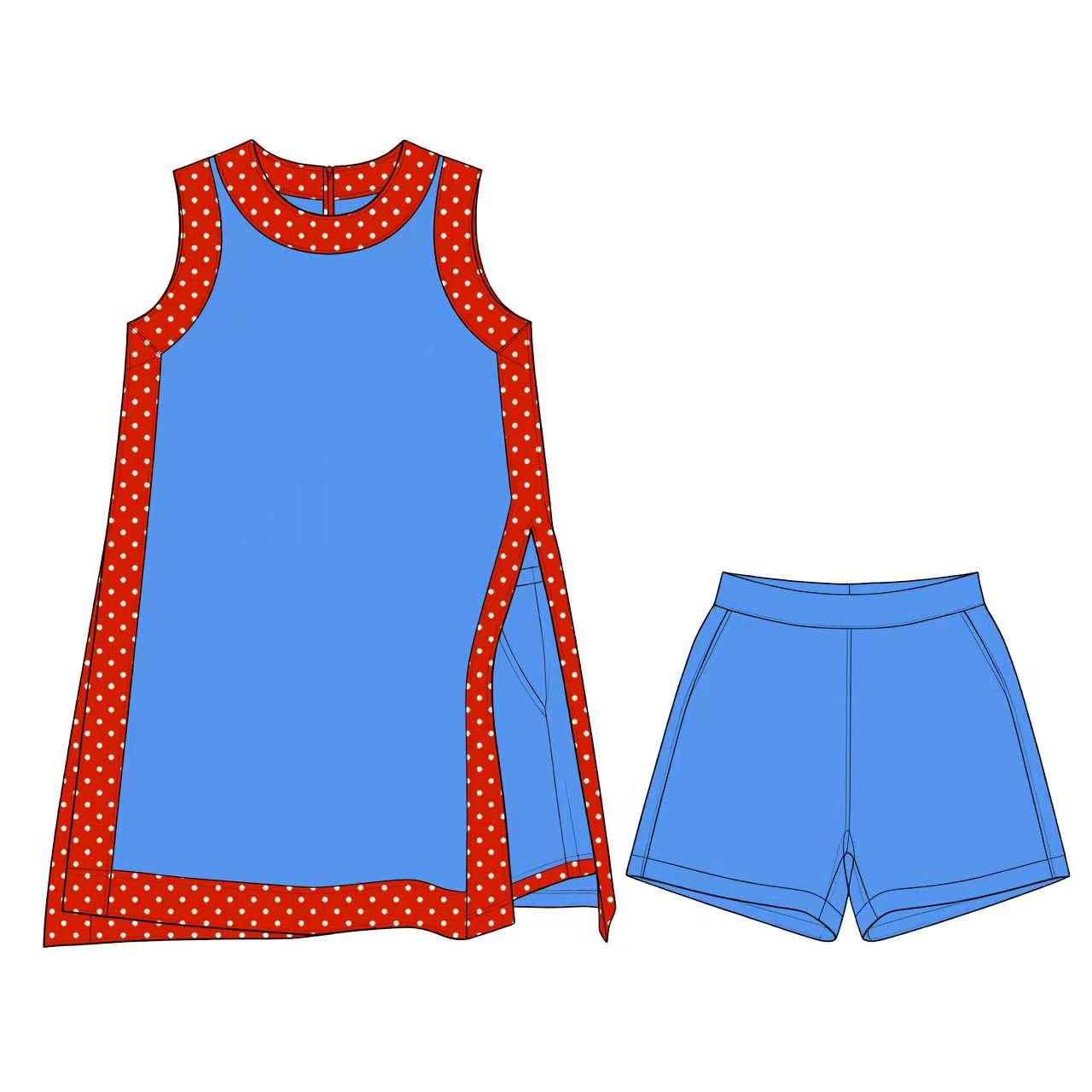 (Custom Design Preorder MOQ 5) Teams Blue Plain Red Edge Sleeveless Top Shorts Girls Summer Clothes Set