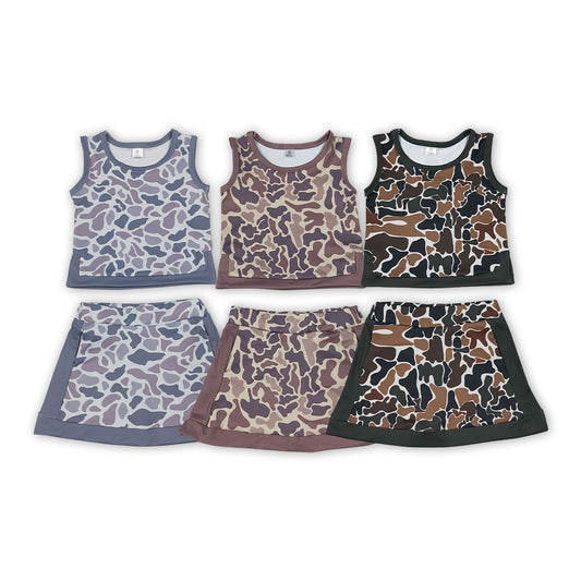 3 Colors Camo Tank Top Skort Girls Yoga Clothes Set Sisters Wear