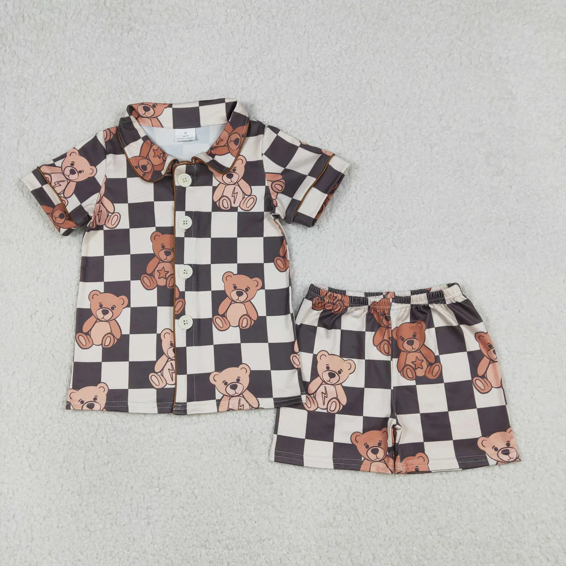 Baby Boys Black Checked Bears Button Top Shorts Pajamas Sets