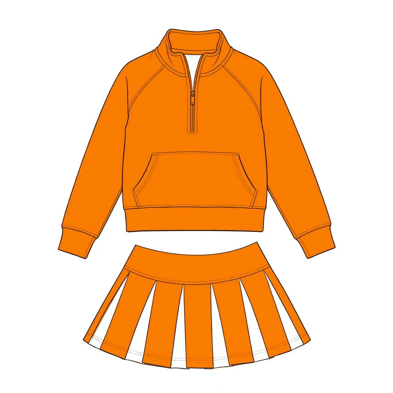 (Custom Design Preorder MOQ 5) Kids Girls Sport Team Orange Long Sleeve Pullover Top with Skort Outfit
