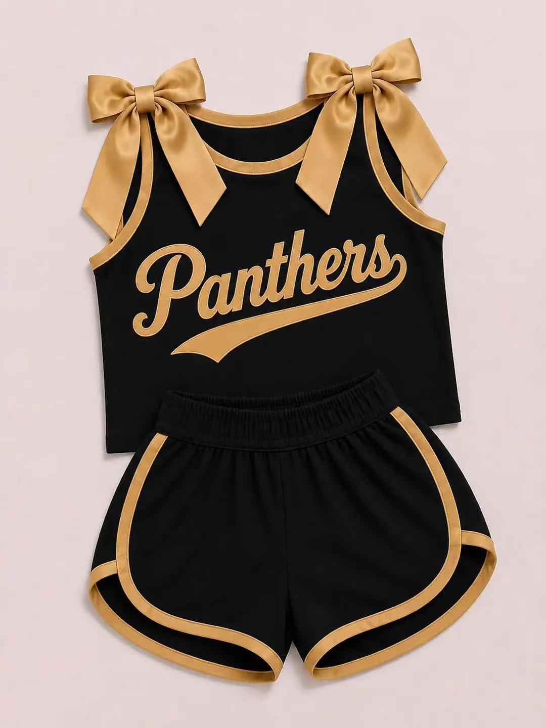 (Custom Design Preorder MOQ 5) Girls Bow Strap Panthers Tank & Shorts Sport Team Outfit