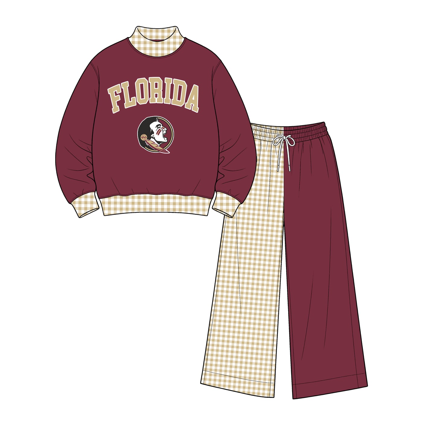 (Custom Design Preorder MOQ 5) Floroda Mock Neck Maroon Top with Patch Wide Leg Set
