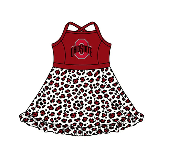 (Custom Preorder MOQ 5) Baby Girls Strap Leopard Ohio State Team Knee Length Dress