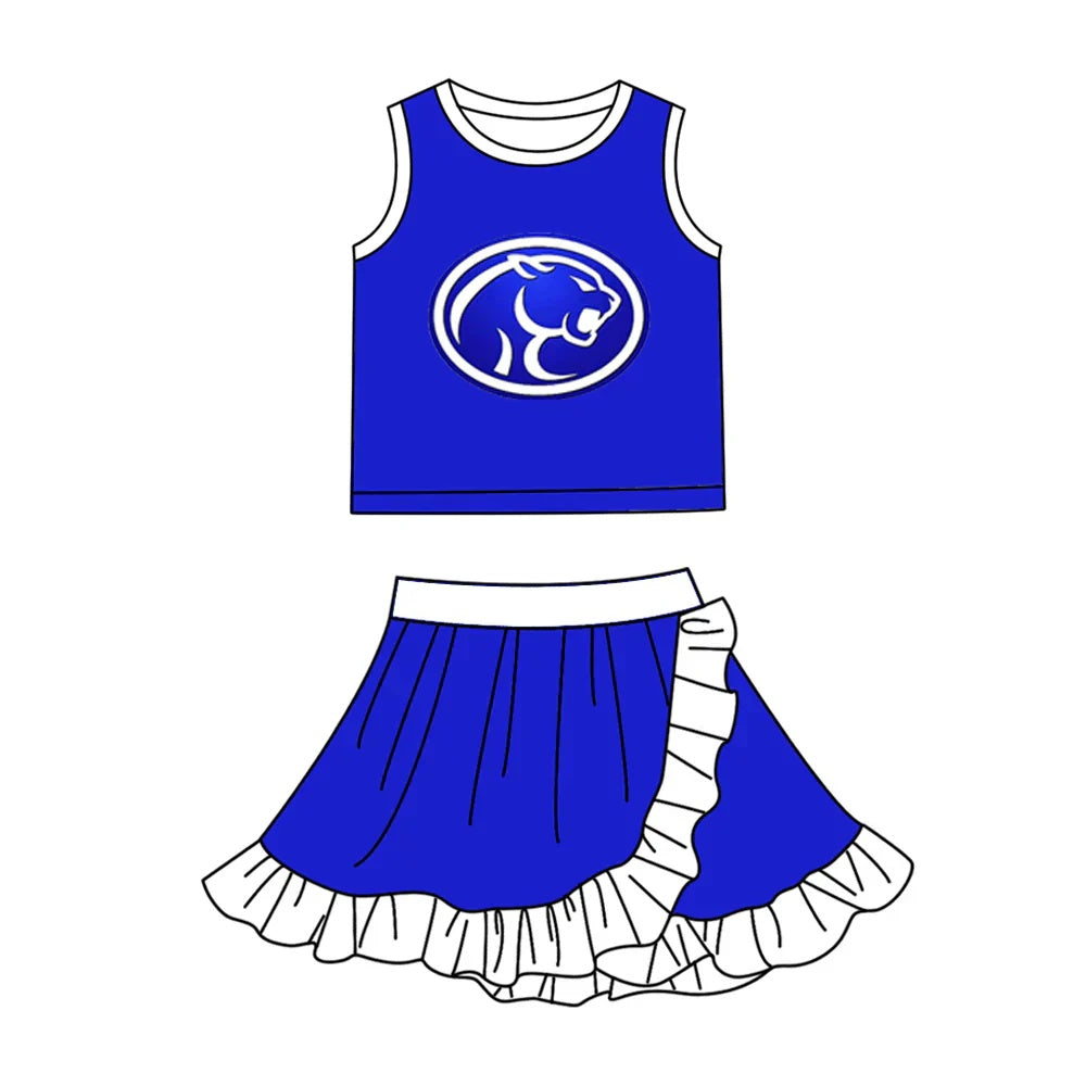 Preorder (moq 5) Girls Panther Mascot Royal Blue White Ruffle Trim Tank Top & Pleated Skirt Game Day Cheer Outfit Set