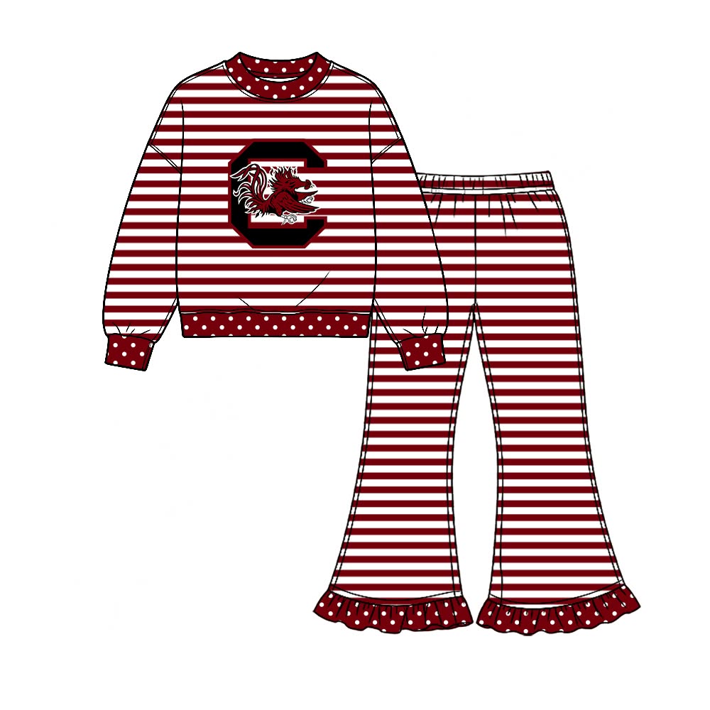 Preorder( 5 MOQ) BabyBoys Sport Team Gamecocks Striped Long Sleeve Top Bell Bottom Pants Outfit