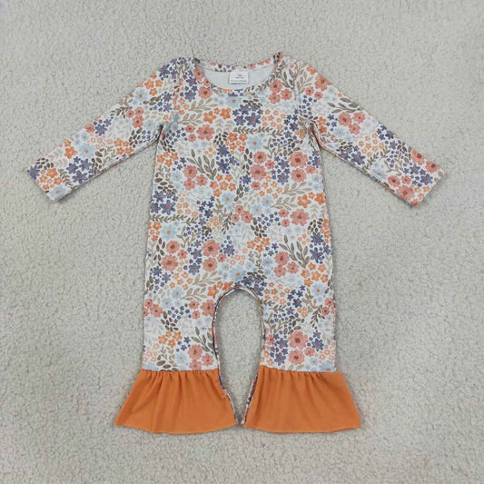 LR3027 Orange Navy Flowers Print Baby Girls Long Sleeve Romper With Ruffle
