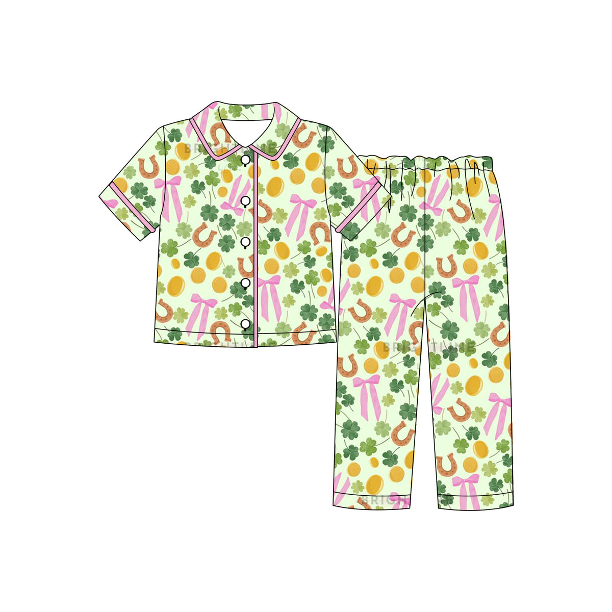 (Custom Design Preorder MOQ 5 Each)Lucky Rainbow Print Girls St Patrick Day Buttons Pajamas Clothes Set Sisters Wear