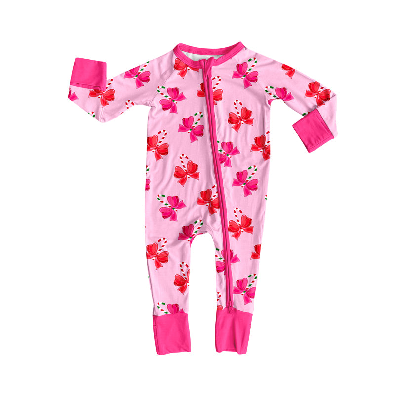 (Custom Design Preorder MOQ 5 ) Candy Cane Bows Pink Print Baby Girls Christmas Zipper Sleeper Romper
