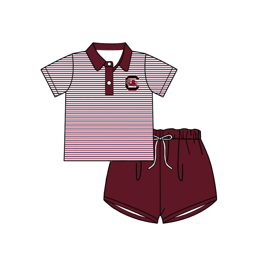 (Custom Design Preorder MOQ 5) Baby Girls Red Stripe South Carolina Button Polo Top Shorts Team Clothes Sets
