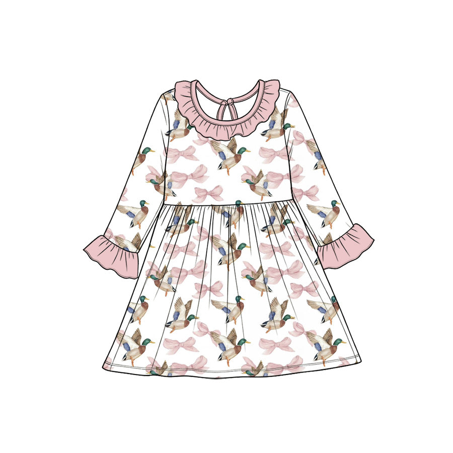 (Custom Design Preorder MOQ 5) Mallard Duck Bows Print Girls Fall Ruffle Dress
