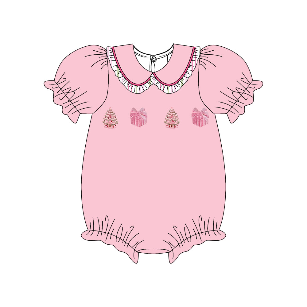7.24 SR4289 Preorder Christmas Tree Gifts Pink Print Baby Girls Doll Collar Bubble Romper