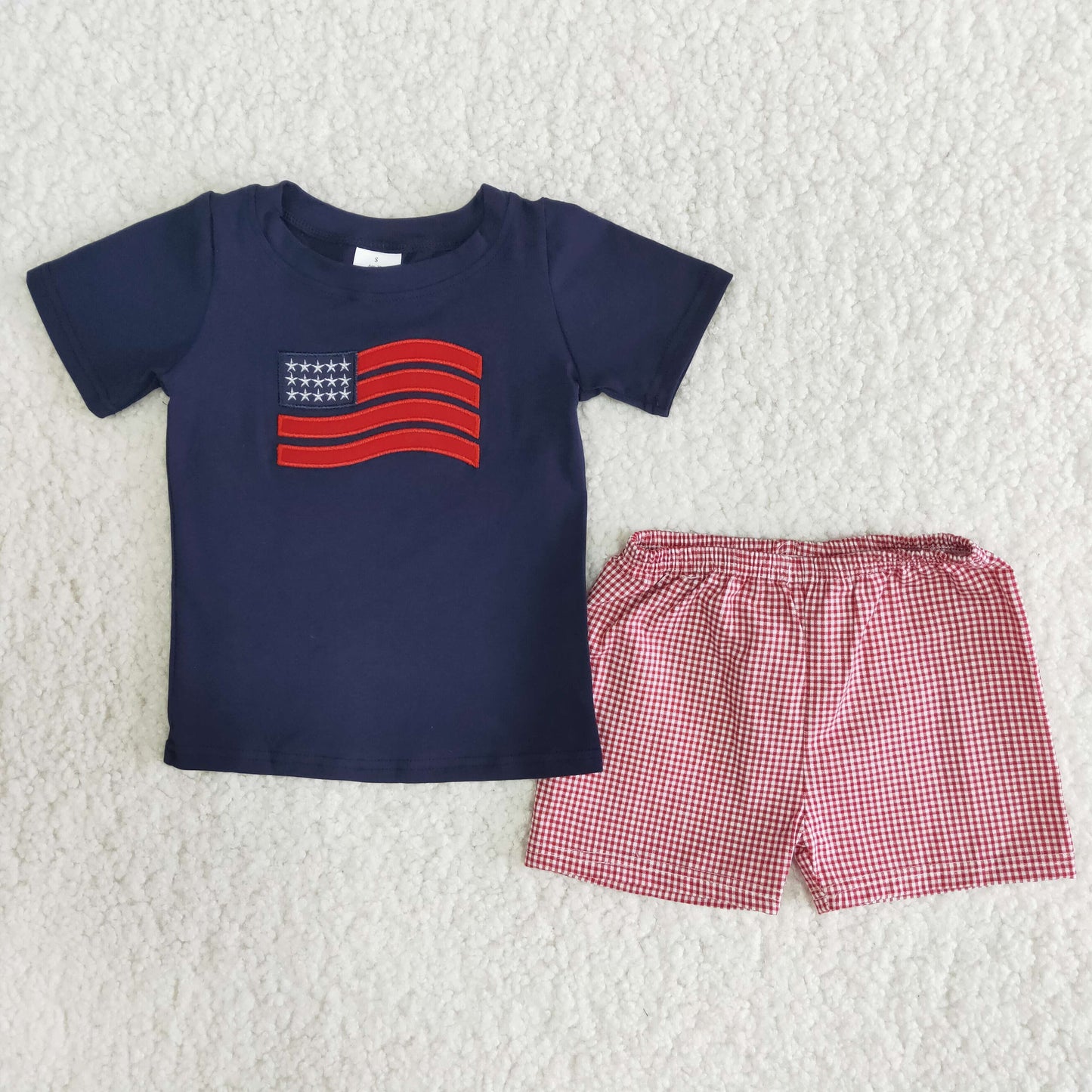 A12-23 Flag Embroidery Navy Top Plaid Shorts Boys 4th of July Clothes Set