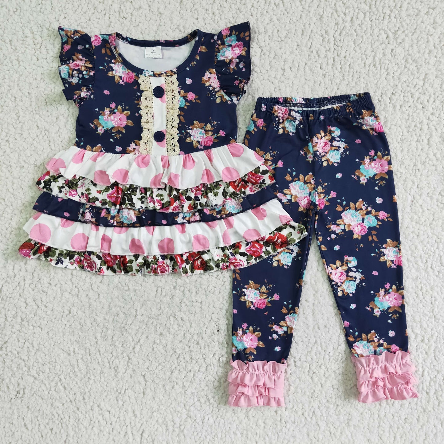 A13-15 Navy Flowers Ruffles Tunic Top Legging Pants Girls Outfits