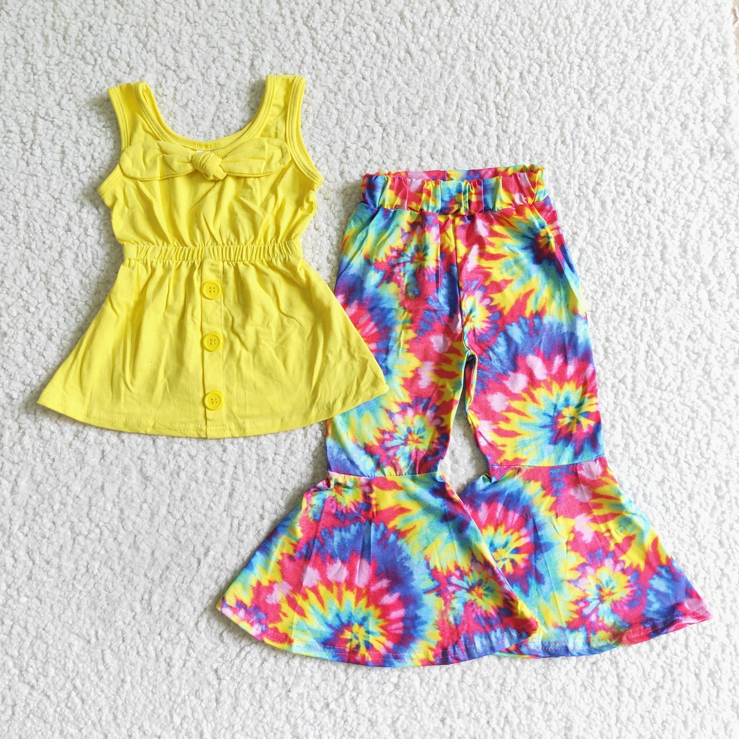 (Promotion)A17-24 Sleeveless Yellow Tunic Top Tie-dye Bell Pants Girls Outfits