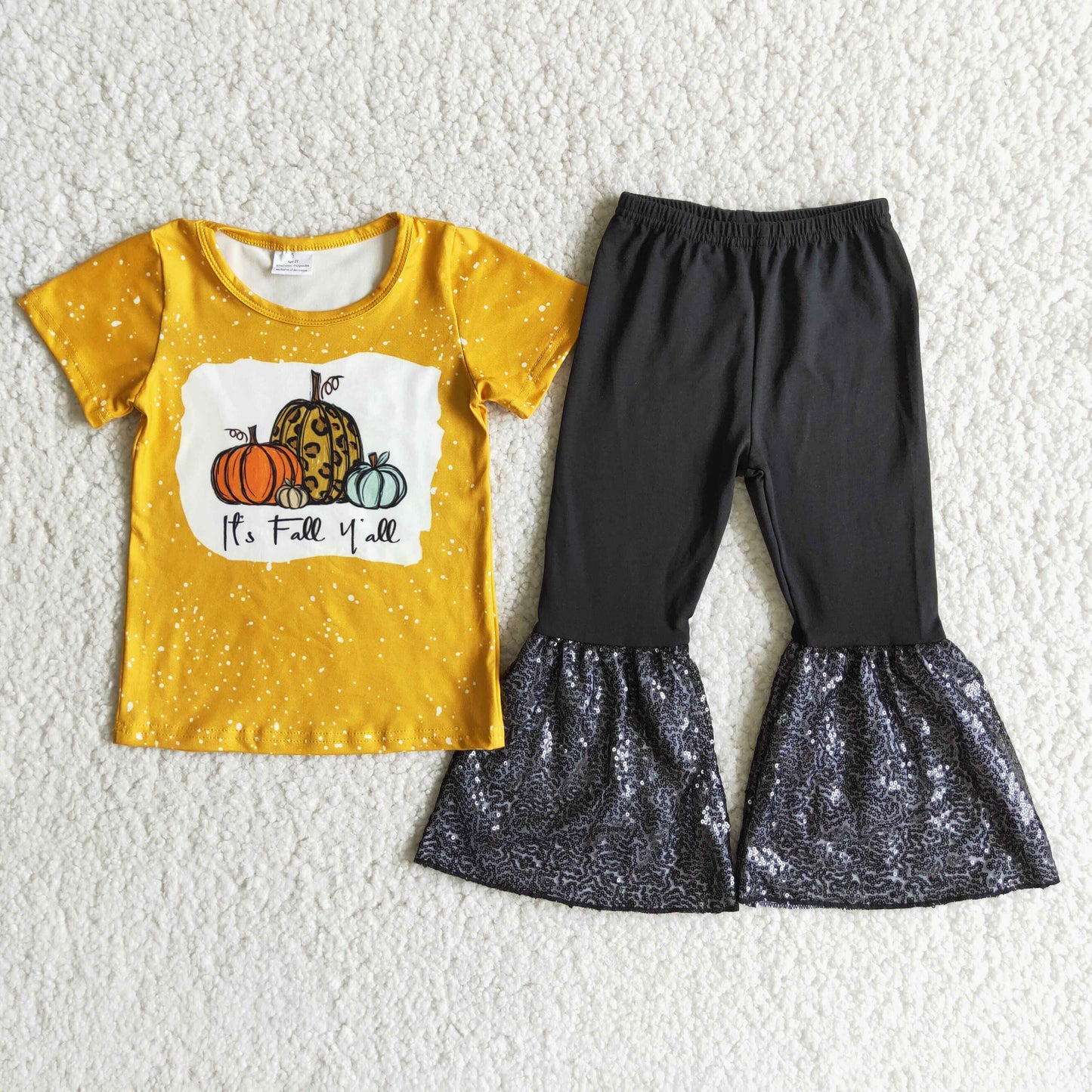 A2-12 It's Fall Y'all Pumpkin Yellow Top Sequin Bell Pants Girls Clothes Set
