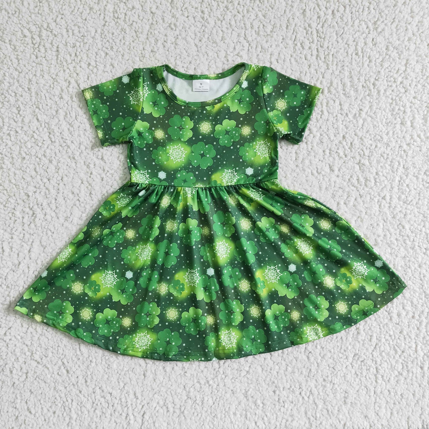 (Promotion)A8-10 Green Leaf Print Girls Short Sleeve St. Patrick's Day Dnee Length Dress