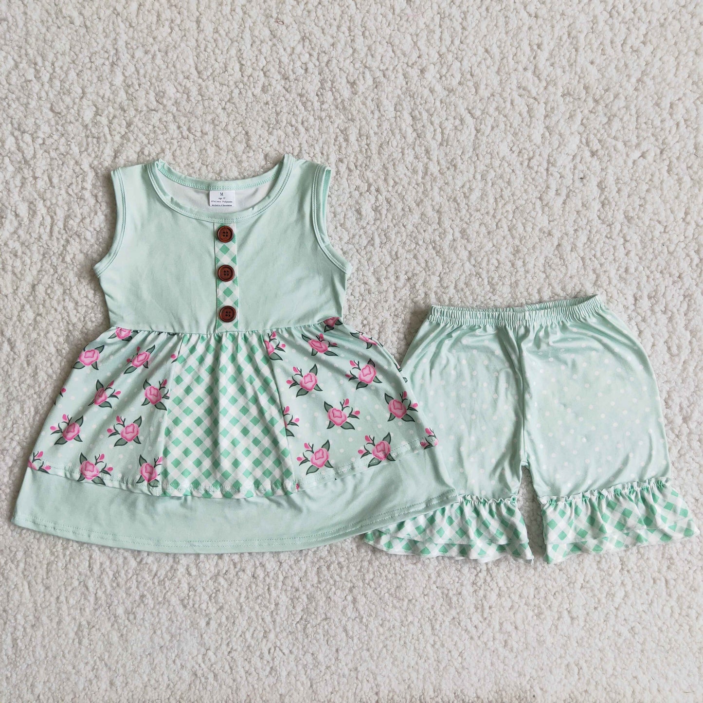 (Promotion)Flowers Green Patchwork Tunic Top Dots Shorts Girls Summer Outfits A8-16