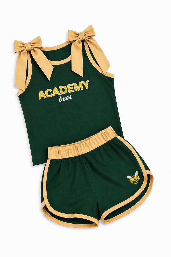 (Custom Design Preorder MOQ 5) Teams Academy Bees Gold Bows Vest Top Shorts Girls Summer Yoga Clothes Set